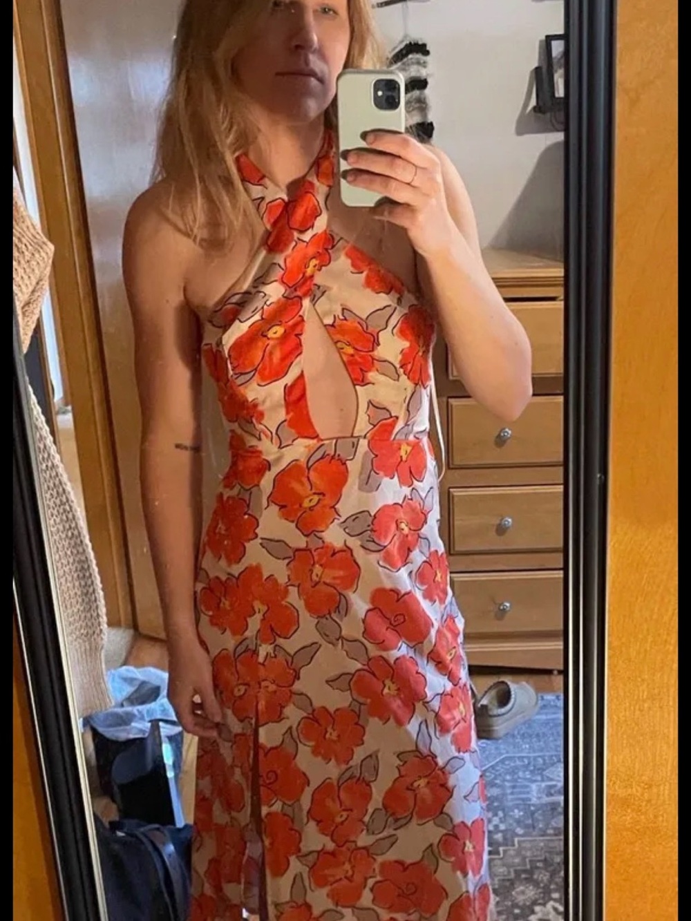 Hello Molly Strapless Cross-Halter Floral Midi Dress in Orange and Cream